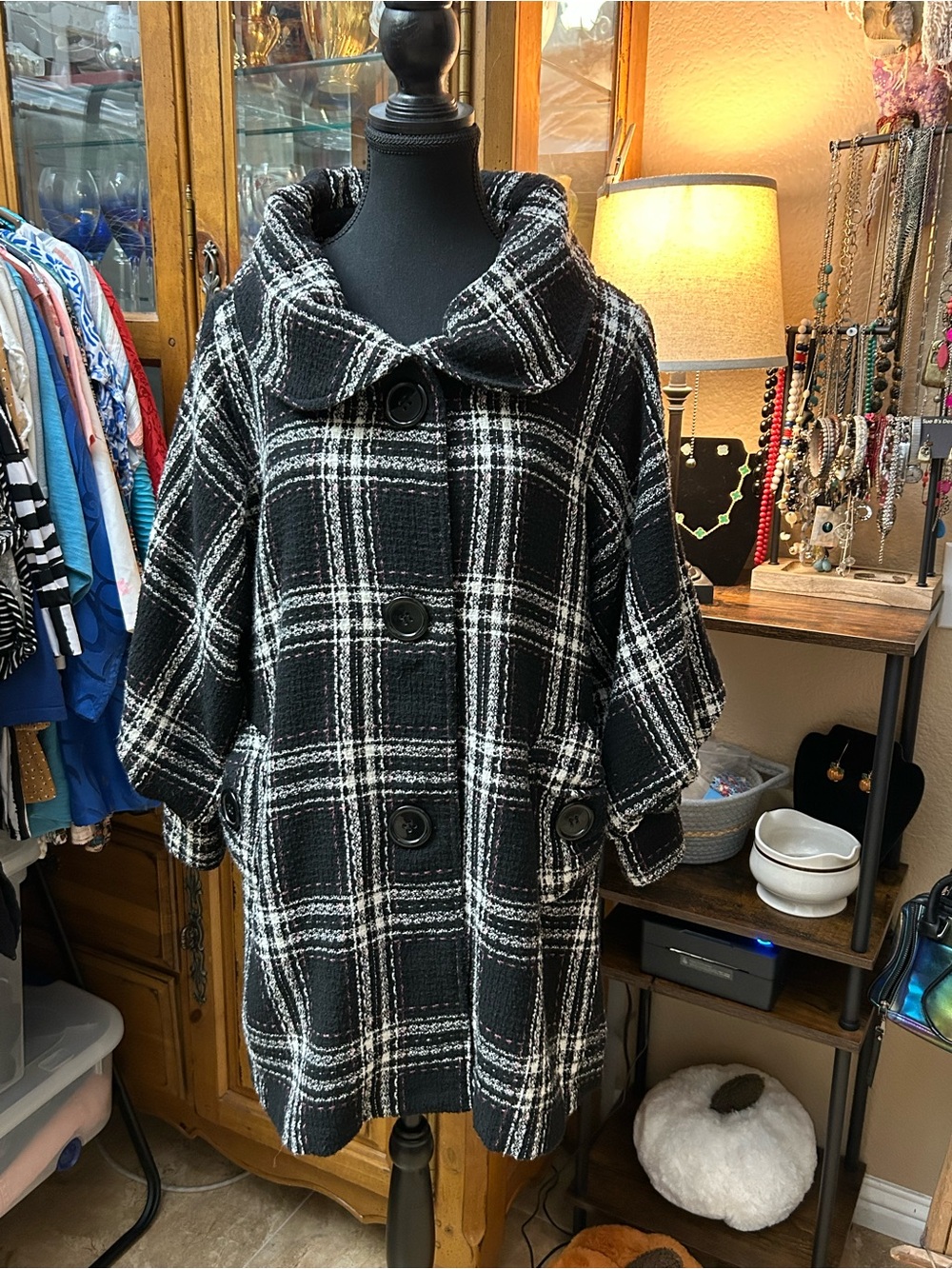 Azel Hazel Anthropologie Black White Plaid Statement Collar Coat L